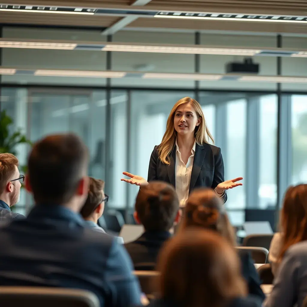 A professional female expert in a business setting giving a presentation confidently and engagingly to a diverse audience in a modern conference room.