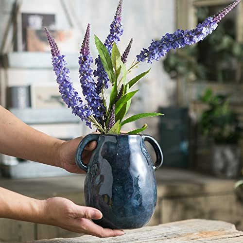 Elegant Blue Ceramic Handle Vase for Modern Farmhouse Decor