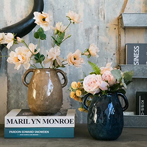 Elegant Blue Ceramic Handle Vase for Modern Farmhouse Decor